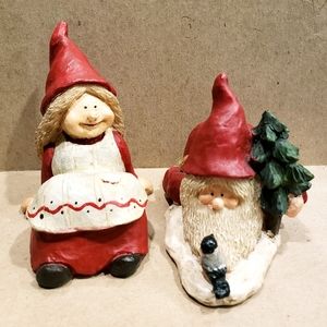 Christmas Gnome Pair Distressed Resin Figurines 3.75"H Hedlund Tree, Bird, Retro